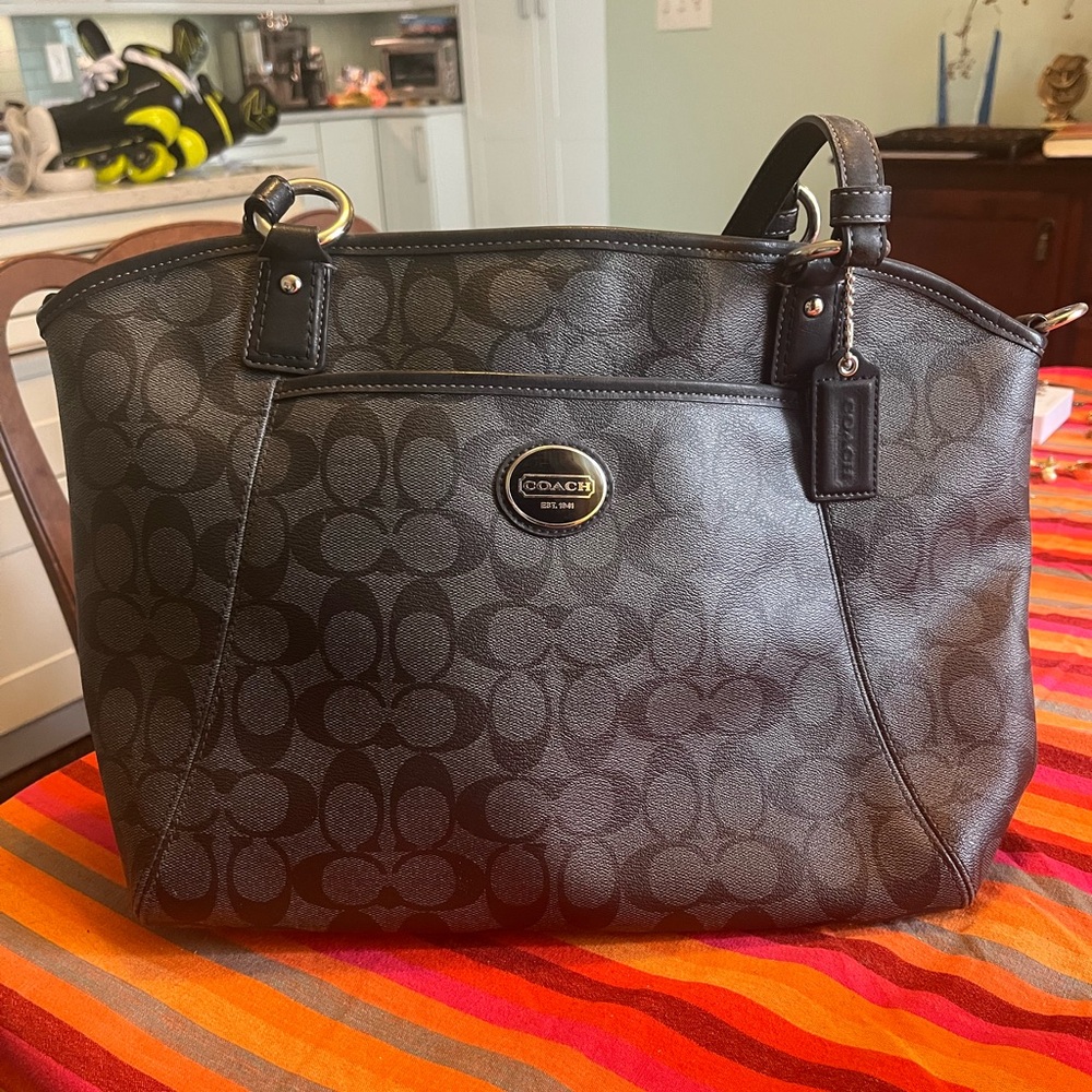 Coach Black and Gray Shoulder Bag with Signature Pattern With Shoulder Strap